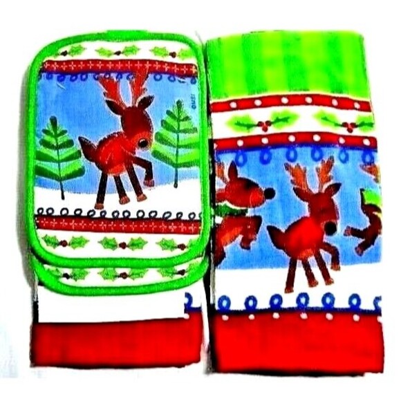 Reindeer Holly Kitchen Towels Set Retro Holiday Potholders Dishcloth 4-pc Gift - Picture 1 of 4